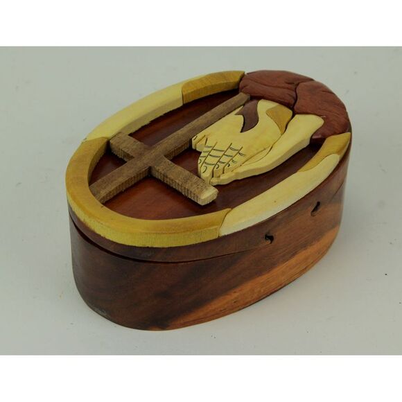 Hand Crafted Wood Prayer Hands and Cross Puzzle Trinket Box - Picture 2 of 4